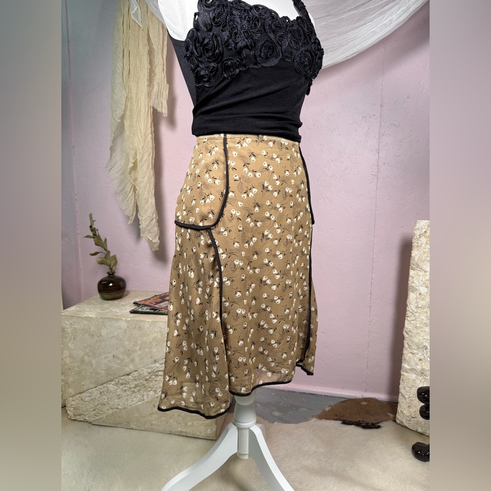 Vintage 100% silk midi skirt brown floral bias cut minimalist 90s